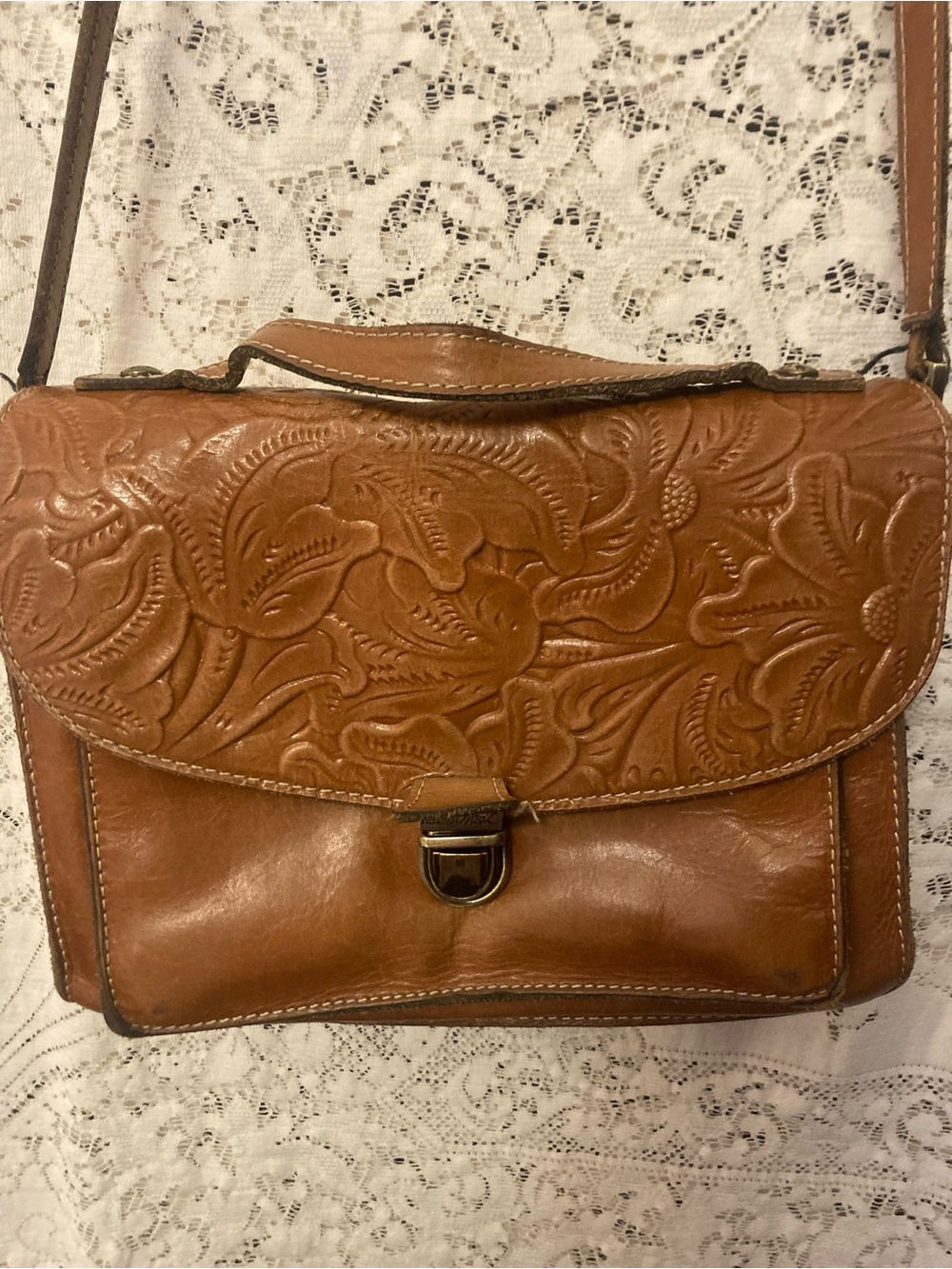 PATRICIA NASH Burnished Tooled Cognac Leather  Crossbody Bag